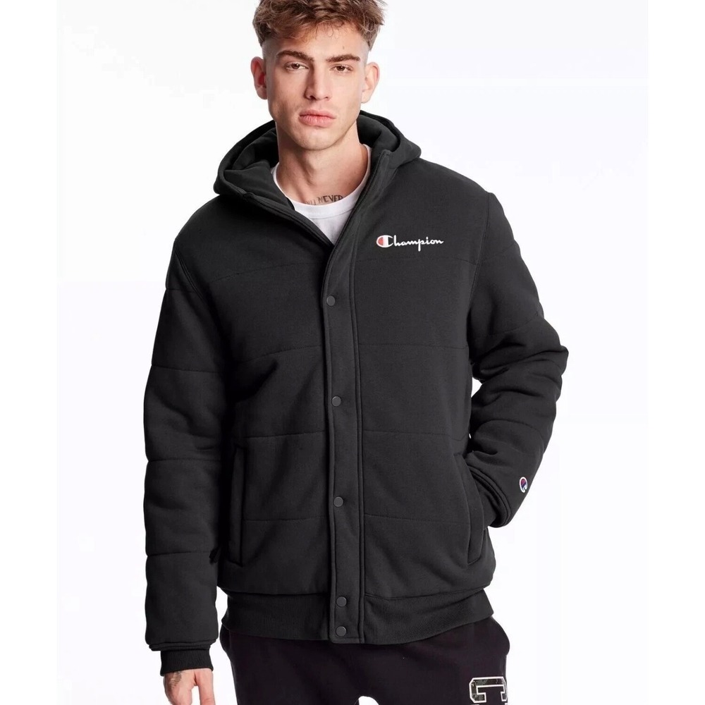 Champion Reverse Weave Cotton Puffer Jacket Mens Large Black Hooded Quilted Coat
